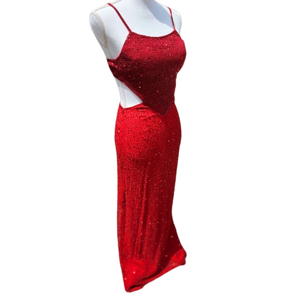 Y2K Scala Red Sequin & Beaded Floor Length Silk Open-back Prom Dress Size S - Picture 2 of 12